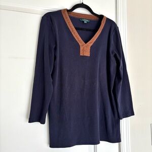 Lauren Ralph Lauren Navy Long Sleeve Tee with Brown V-Neck Trim